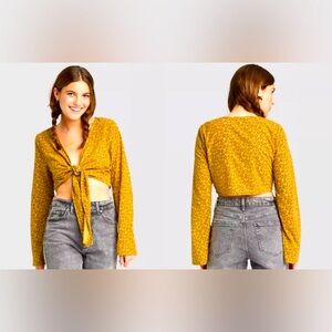 Wild Fable Blouse Women's Bell Long Sleeve Tie Front  Mustard Size S new w/ tag